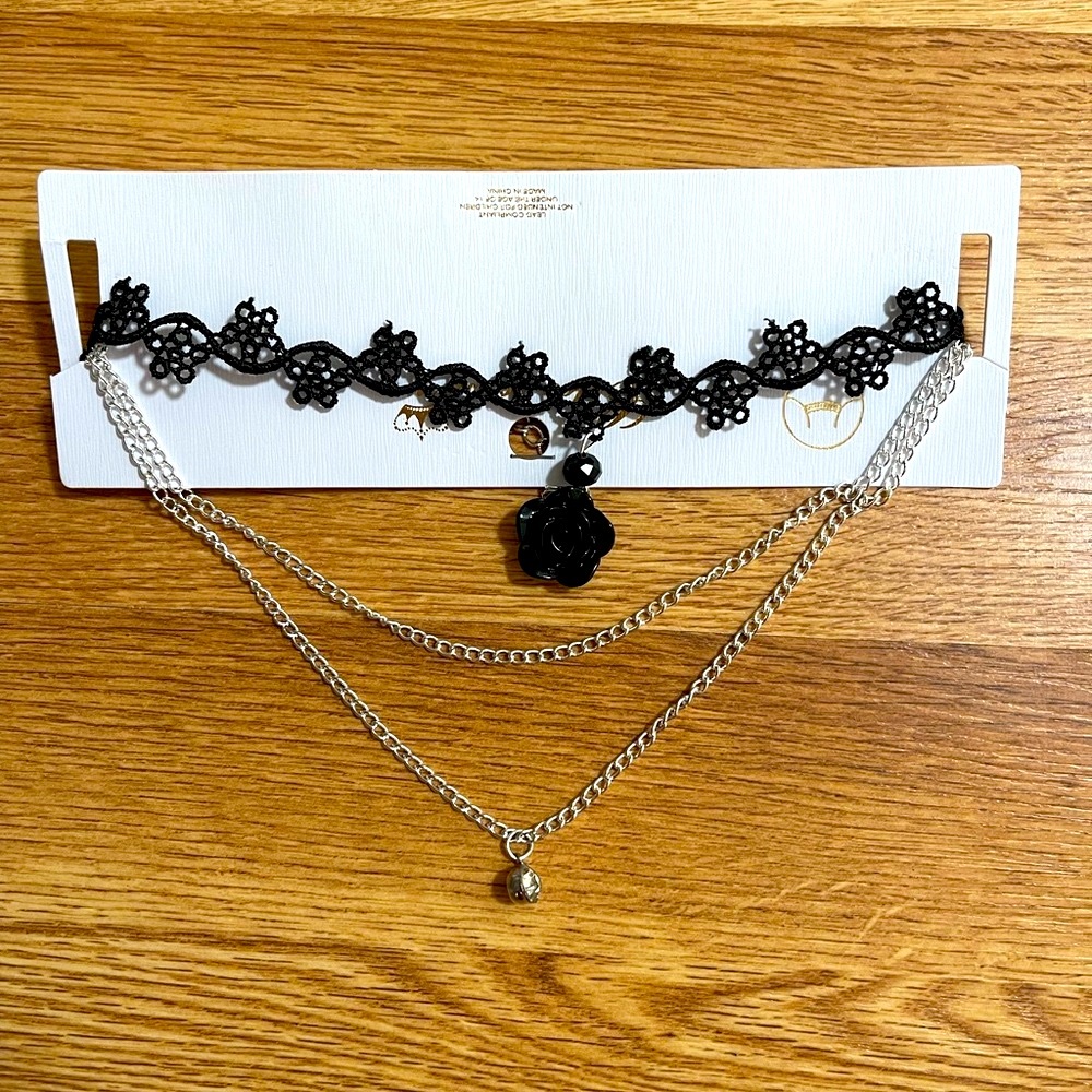 Black Lace Choker with Silver Chains